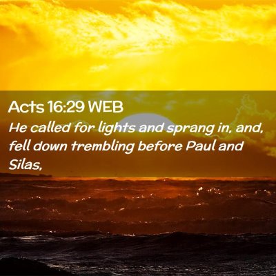 Picture 02 - Acts 16:29 WEB - He called for lights and sprang in, and, fell - Bible Verse Picture
