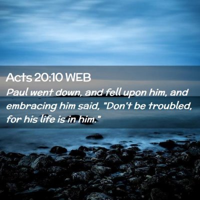Picture 02 - Acts 20:10 WEB - Paul went down, and fell upon him, and embracing - Bible Verse Picture