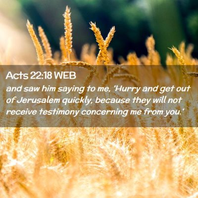 Picture 02 - Acts 22:18 WEB - and saw him saying to me, 'Hurry and get out of - Bible Verse Picture
