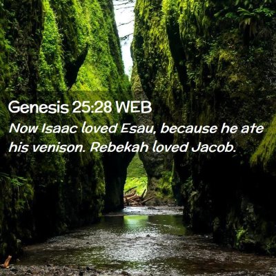 Picture 02 - Genesis 25:28 WEB - Now Isaac loved Esau, because he ate his venison. - Bible Verse Picture