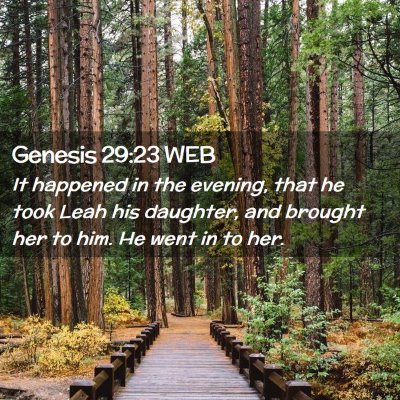 Picture 02 - Genesis 29:23 WEB - It happened in the evening, that he took Leah his - Bible Verse Picture