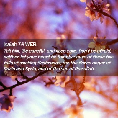 Picture 02 - Isaiah 7:4 WEB - Tell him, 'Be careful, and keep calm. Don't be - Bible Verse Picture