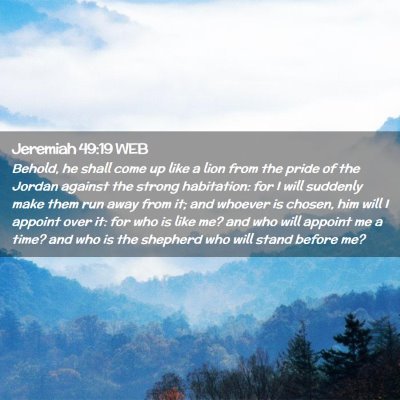 Picture 02 - Jeremiah 49:19 WEB - Behold, he shall come up like a lion from the - Bible Verse Picture