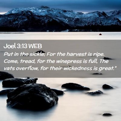 Picture 02 - Joel 3:13 WEB - Put in the sickle; For the harvest is ripe. Come, - Bible Verse Picture
