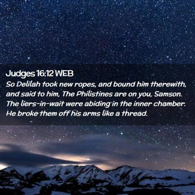 Picture 02 - Judges 16:12 WEB - So Delilah took new ropes, and bound him - Bible Verse Picture