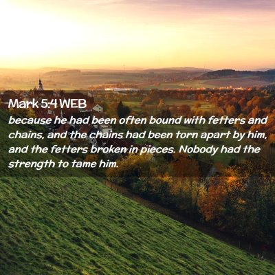 Picture 02 - Mark 5:4 WEB - because he had been often bound with fetters and - Bible Verse Picture