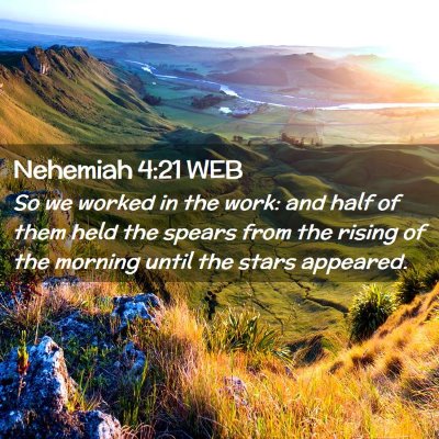 Picture 02 - Nehemiah 4:21 WEB - So we worked in the work: and half of them held - Bible Verse Picture