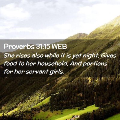 Picture 02 - Proverbs 31:15 WEB - She rises also while it is yet night, Gives food - Bible Verse Picture