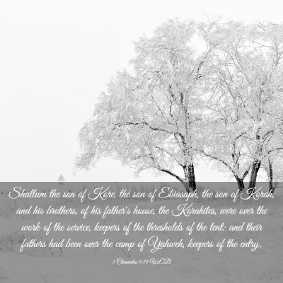 Picture 03 - 1 Chronicles 9:19 WEB - Shallum the son of Kore, the son of Ebiasaph, the - Bible Verse Picture