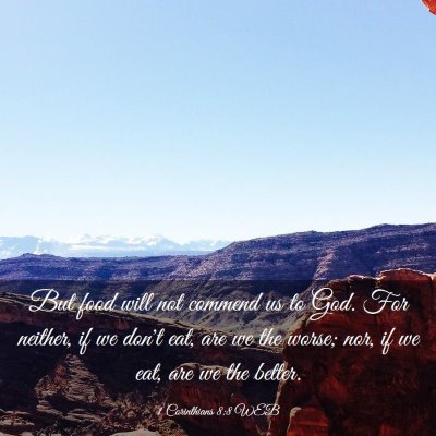 Picture 03 - 1 Corinthians 8:8 WEB - But food will not commend us to God. For neither, - Bible Verse Picture