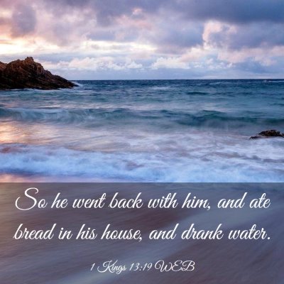 Picture 03 - 1 Kings 13:19 WEB - So he went back with him, and ate bread in his - Bible Verse Picture