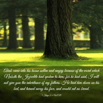Picture 03 - 1 Kings 21:4 WEB - Ahab came into his house sullen and angry because - Bible Verse Picture