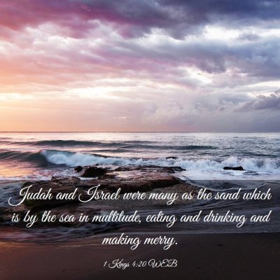 Picture 03 - 1 Kings 4:20 WEB - Judah and Israel were many as the sand which is - Bible Verse Picture
