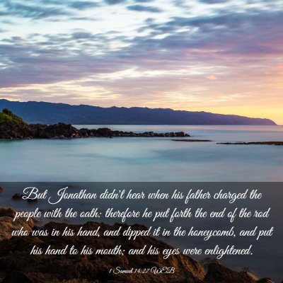 Picture 03 - 1 Samuel 14:27 WEB - But Jonathan didn't hear when his father charged - Bible Verse Picture