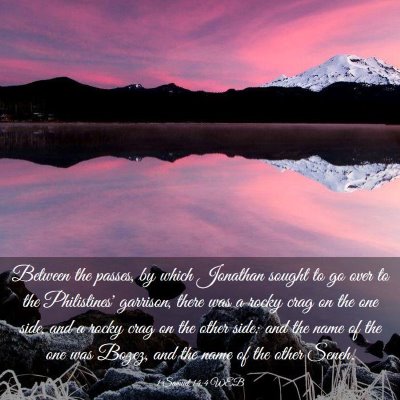 Picture 03 - 1 Samuel 14:4 WEB - Between the passes, by which Jonathan sought to - Bible Verse Picture
