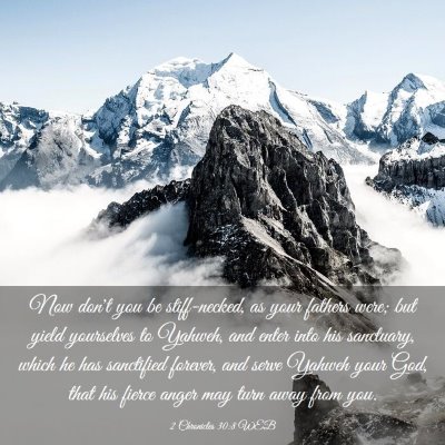 Picture 03 - 2 Chronicles 30:8 WEB - Now don't you be stiff-necked, as your fathers - Bible Verse Picture