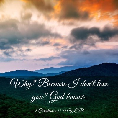 Picture 03 - 2 Corinthians 11:11 WEB - Why? Because I don't love you? God - Bible Verse Picture