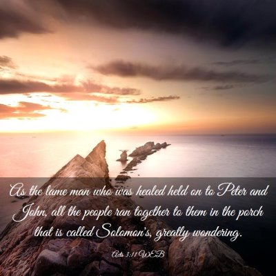 Picture 03 - Acts 3:11 WEB - As the lame man who was healed held on to Peter - Bible Verse Picture