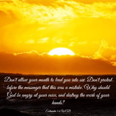 Picture 03 - Ecclesiastes 5:6 WEB - Don't allow your mouth to lead you into sin. - Bible Verse Picture