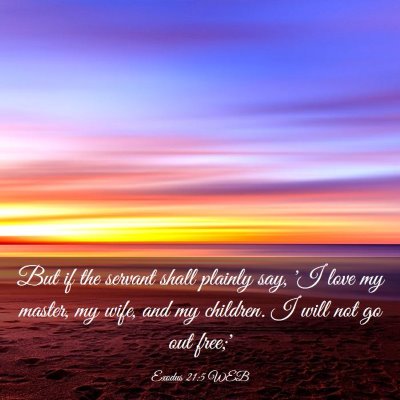 Picture 03 - Exodus 21:5 WEB - But if the servant shall plainly say, 'I love my - Bible Verse Picture