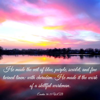 Picture 03 - Exodus 36:35 WEB - He made the veil of blue, purple, scarlet, and - Bible Verse Picture