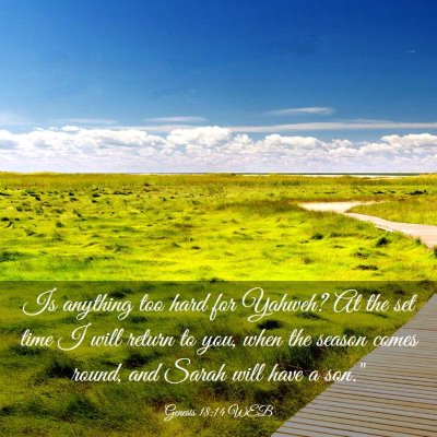 Picture 03 - Genesis 18:14 WEB - Is anything too hard for Yahweh? At the set time - Bible Verse Picture