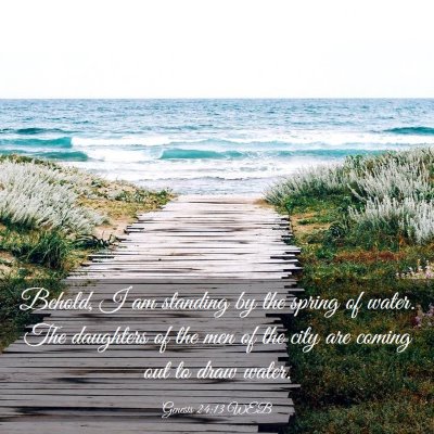 Picture 03 - Genesis 24:13 WEB - Behold, I am standing by the spring of water. The - Bible Verse Picture