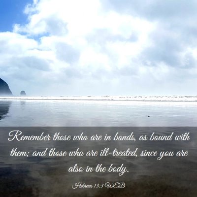 Picture 03 - Hebrews 13:3 WEB - Remember those who are in bonds, as bound with - Bible Verse Picture