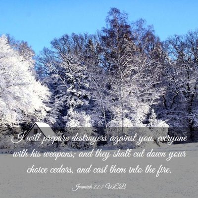 Picture 03 - Jeremiah 22:7 WEB - I will prepare destroyers against you, everyone - Bible Verse Picture
