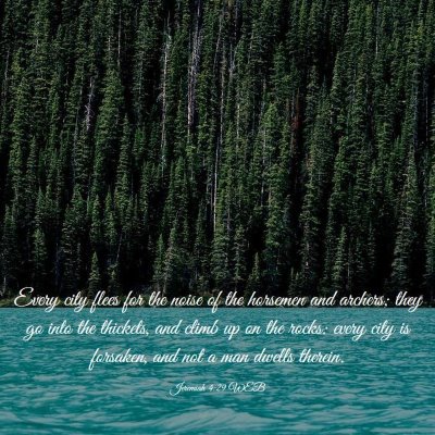 Picture 03 - Jeremiah 4:29 WEB - Every city flees for the noise of the horsemen - Bible Verse Picture