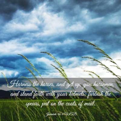 Picture 03 - Jeremiah 46:4 WEB - Harness the horses, and get up, you horsemen, and - Bible Verse Picture