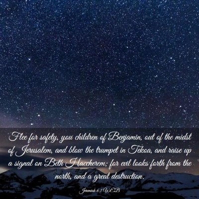 Picture 03 - Jeremiah 6:1 WEB - Flee for safety, you children of Benjamin, out of - Bible Verse Picture