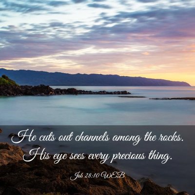 Picture 03 - Job 28:10 WEB - He cuts out channels among the rocks. His eye - Bible Verse Picture