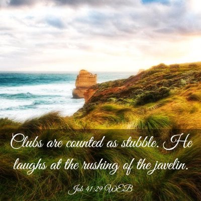 Picture 03 - Job 41:29 WEB - Clubs are counted as stubble. He laughs at the - Bible Verse Picture