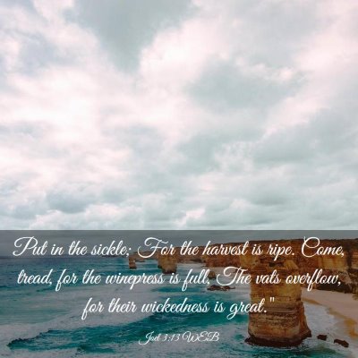 Picture 03 - Joel 3:13 WEB - Put in the sickle; For the harvest is ripe. Come, - Bible Verse Picture
