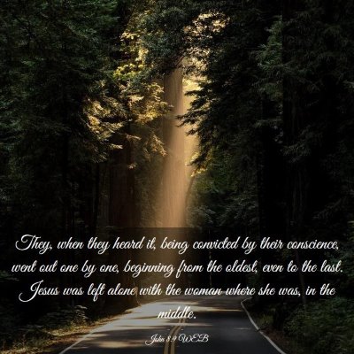Picture 03 - John 8:9 WEB - They, when they heard it, being convicted by - Bible Verse Picture