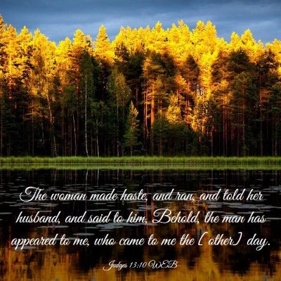 Picture 03 - Judges 13:10 WEB - The woman made haste, and ran, and told her - Bible Verse Picture