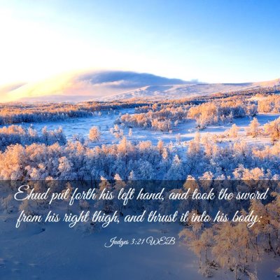 Picture 03 - Judges 3:21 WEB - Ehud put forth his left hand, and took the sword - Bible Verse Picture