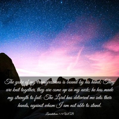 Picture 03 - Lamentations 1:14 WEB - The yoke of my transgressions is bound by his - Bible Verse Picture