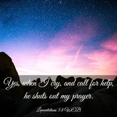 Picture 03 - Lamentations 3:8 WEB - Yes, when I cry, and call for help, he shuts out - Bible Verse Picture