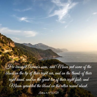 Picture 03 - Leviticus 8:24 WEB - He brought Aaron's sons; and Moses put some of - Bible Verse Picture