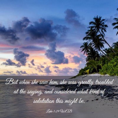 Picture 03 - Luke 1:29 WEB - But when she saw him, she was greatly troubled at - Bible Verse Picture