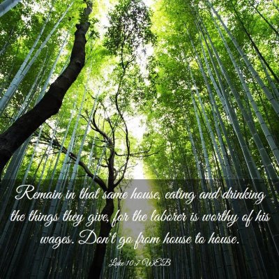 Picture 03 - Luke 10:7 WEB - Remain in that same house, eating and drinking - Bible Verse Picture