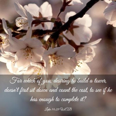 Picture 03 - Luke 14:28 WEB - For which of you, desiring to build a tower, - Bible Verse Picture