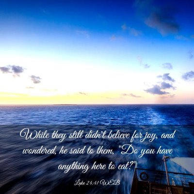 Picture 03 - Luke 24:41 WEB - While they still didn't believe for joy, and - Bible Verse Picture