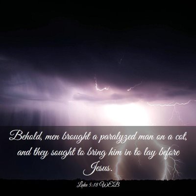 Picture 03 - Luke 5:18 WEB - Behold, men brought a paralyzed man on a cot, and - Bible Verse Picture