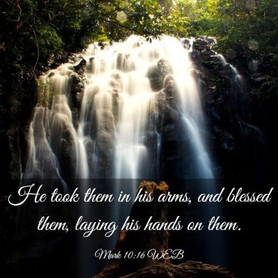 Picture 03 - Mark 10:16 WEB - He took them in his arms, and blessed them, - Bible Verse Picture