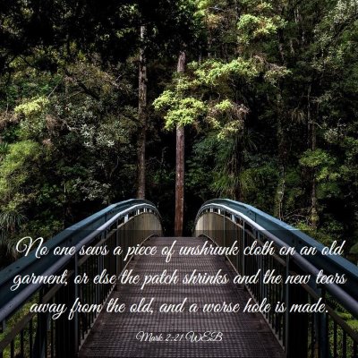 Picture 03 - Mark 2:21 WEB - No one sews a piece of unshrunk cloth on an old - Bible Verse Picture