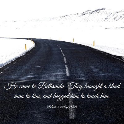 Picture 03 - Mark 8:22 WEB - He came to Bethsaida. They brought a blind man to - Bible Verse Picture