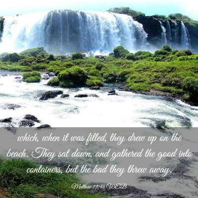 Picture 03 - Matthew 13:48 WEB - which, when it was filled, they drew up on the - Bible Verse Picture